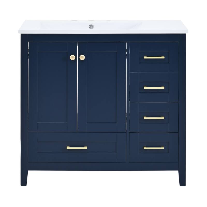 Roomfitters 36" Vanity with Ceramic Sink, Modern Cabinet with 4 Drawers, Solid Wood Feet, Freestanding Bathroom Set, Blue