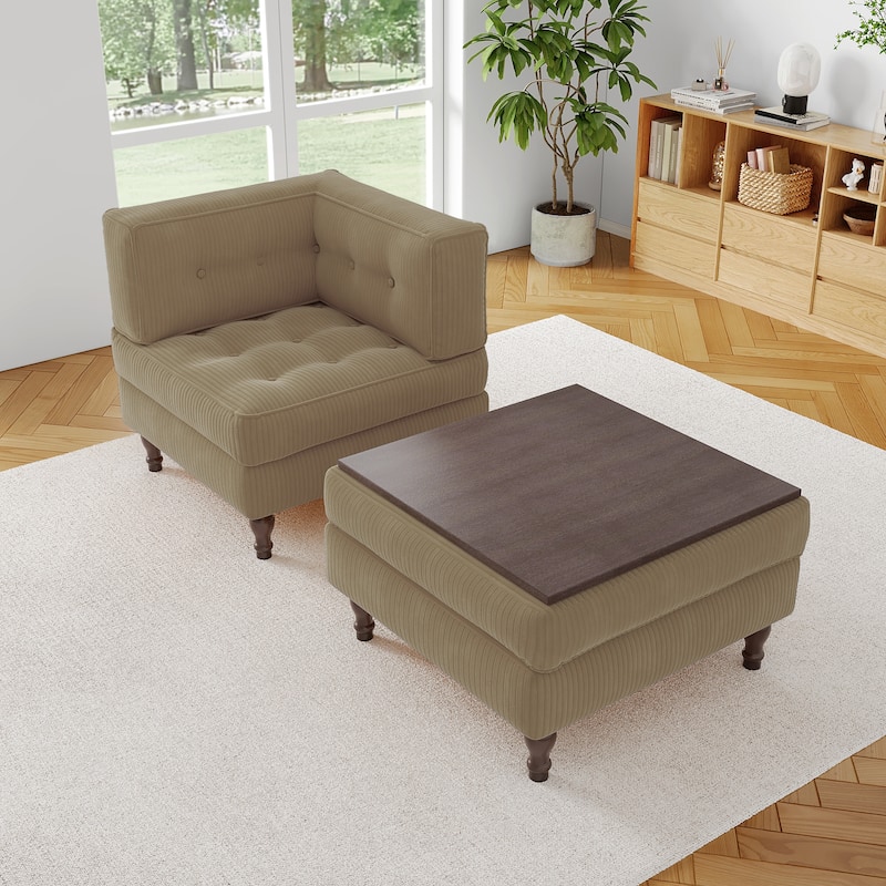 Corduroy L-shape Modular Corner Sectional Sofa with Reversible Storage Ottoman