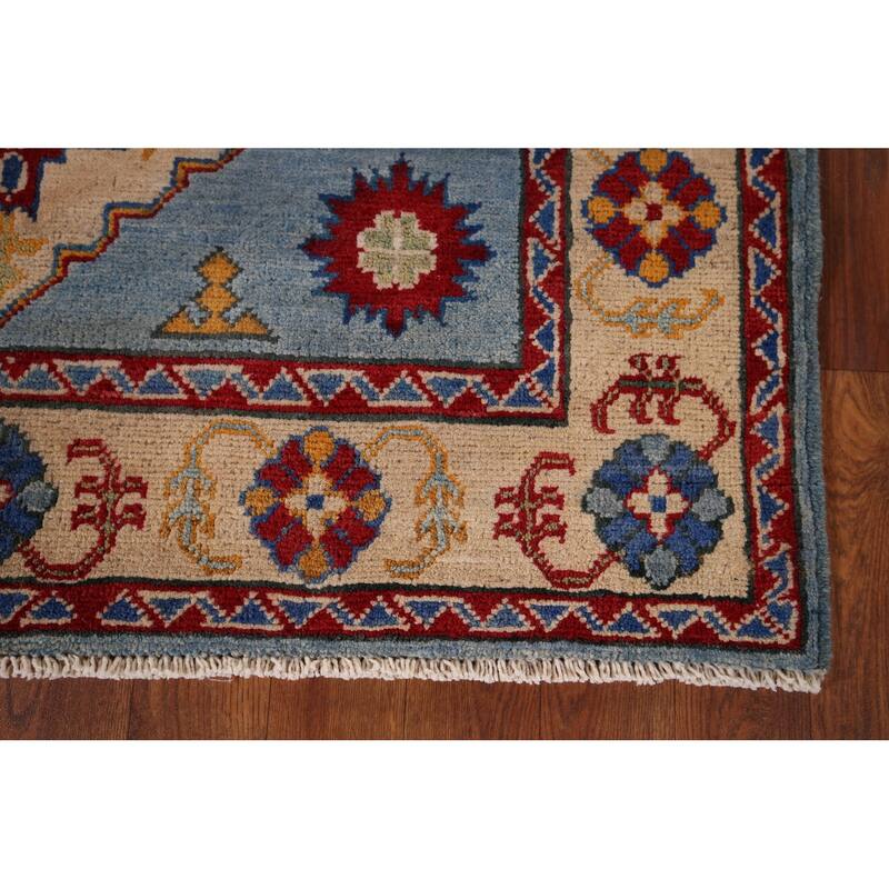 Light Blue Geometric Kazak Oriental Accent Rug Handmade Wool Carpet - 3'6" x 4'11"