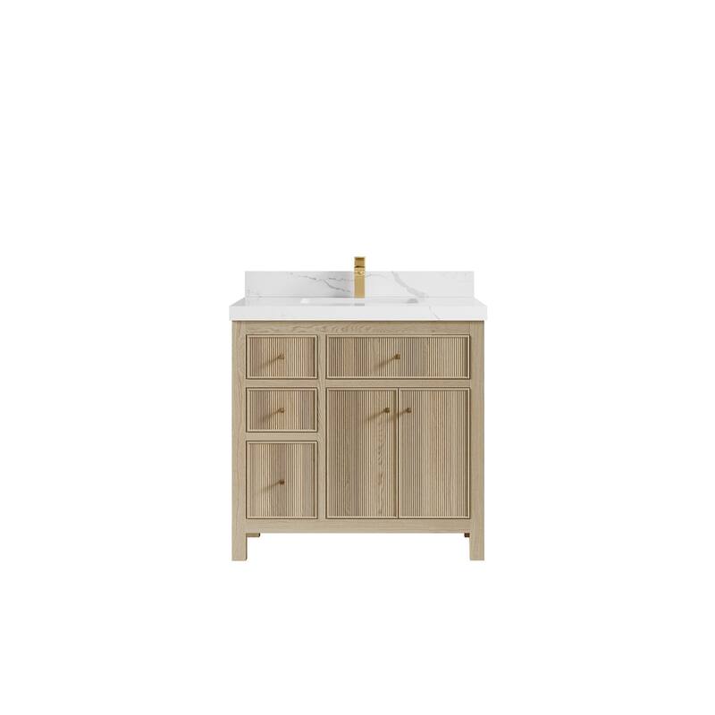 Willow Collections 36 x 22 Sonoma Oak Wood Center Sink Right Bathroom Vanity with Quartz or Marble Countertop