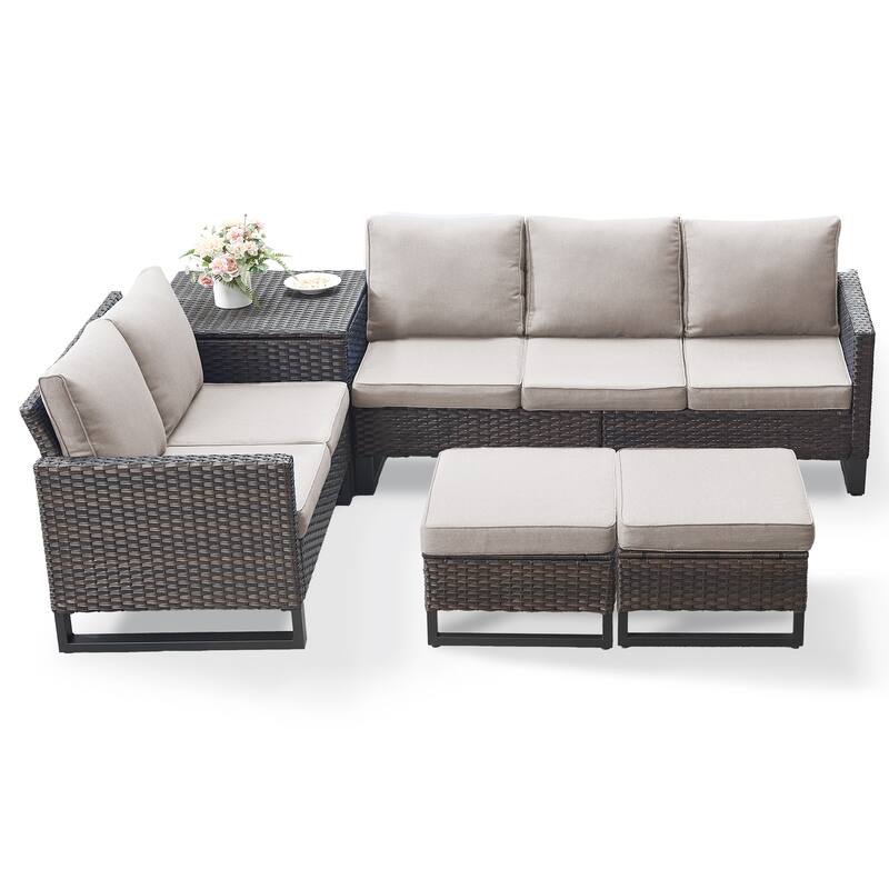 Gymojoy 5 Person All-Weather Wicker Outdoor Patio Sofa Set With Cushions And Ottoman