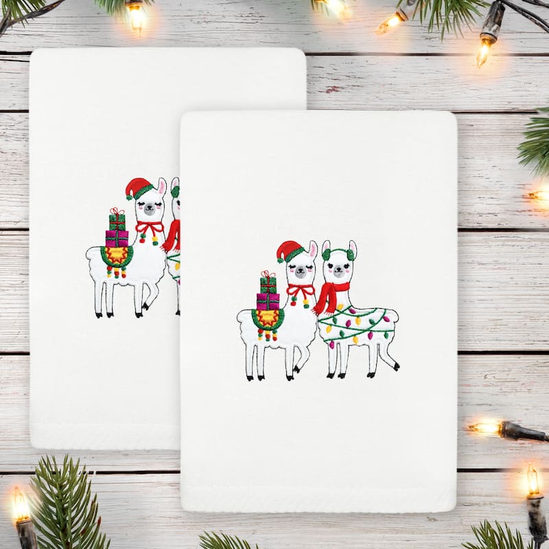 Authentic Hotel and Spa Christmas LLAMAS Embroidered Luxury 100% Turkish Cotton Hand Towels Set of 2