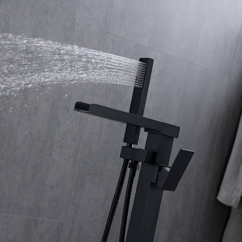 Single Handle Waterfall Tub Filler Freestanding Bathtub Faucet with Hand Shower in Black
