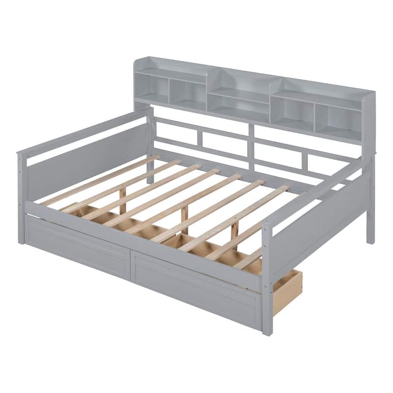 Wood Slat Support Daybed, with Bedside Shelves and Two Drawers