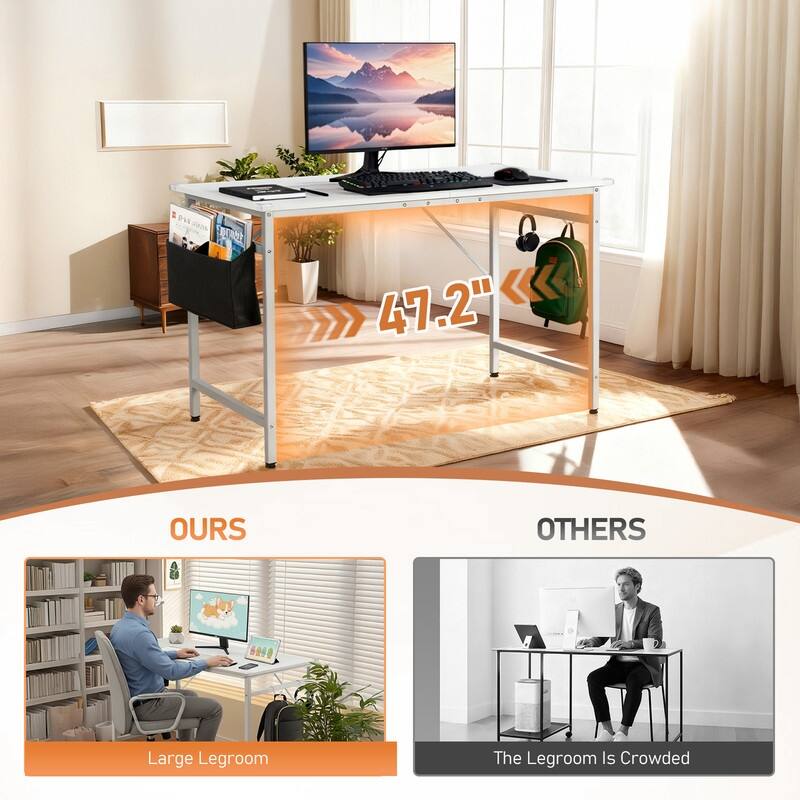 47.2” Computer Desk for Home Office - Study Writing Desk with Storage, Side Hooks & Adjustable Feet