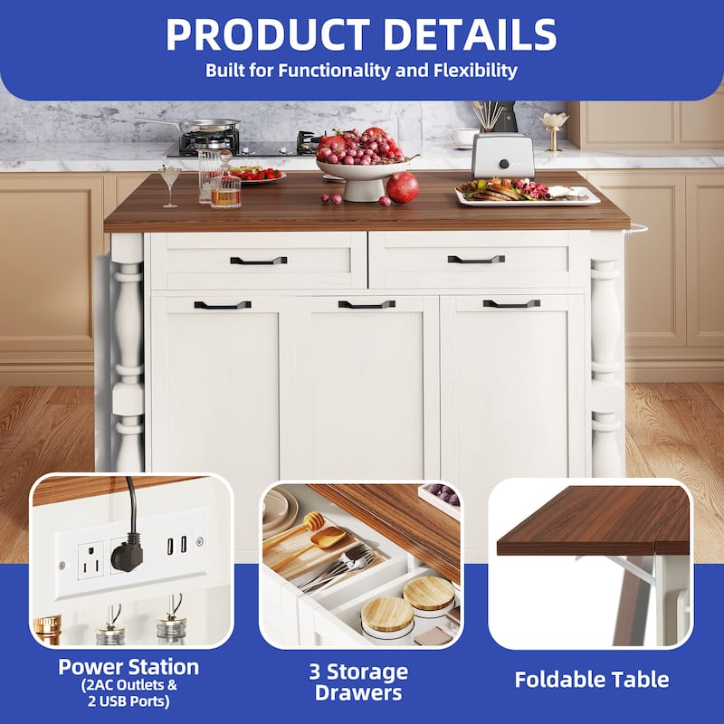 Mobile Kitchen Island with Drop Leaf Table Power Outlet and Pull-Out Trash Can for Space-Saving Storage