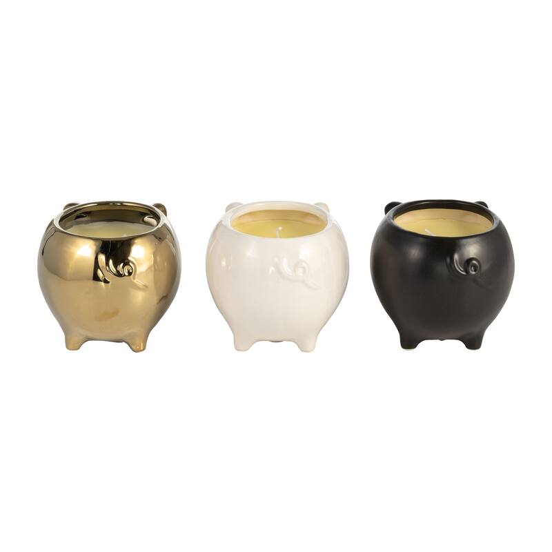Set of Three 4"H 6" Diameter Gold, Ivory, and Black Colored Ceramic Pig Soy Candle 9oz Vanilla-scented for Indoor - 6" x 5" x 4"