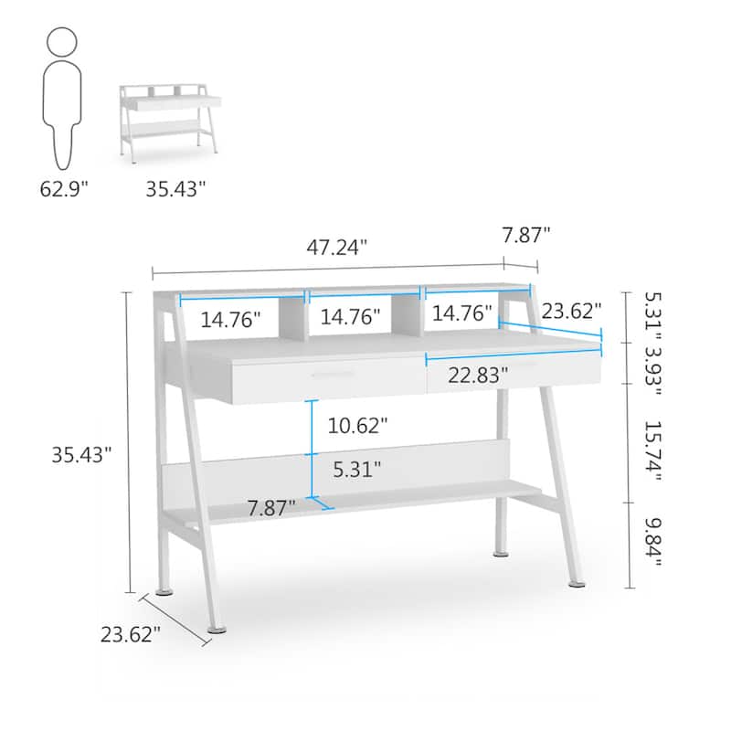 47 inch Computer Desk with Drawers, Office Writing Desk with Shelves