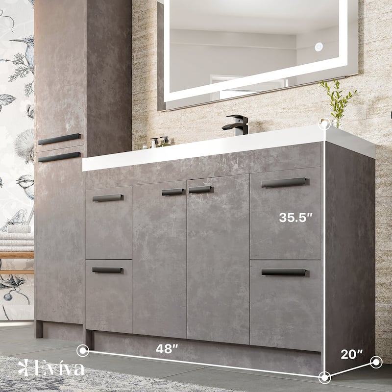 Eviva Lugano 48"W x 20"D Cement Grey Bathroom Vanity with White Acrylic Countertop and Integrated Sink