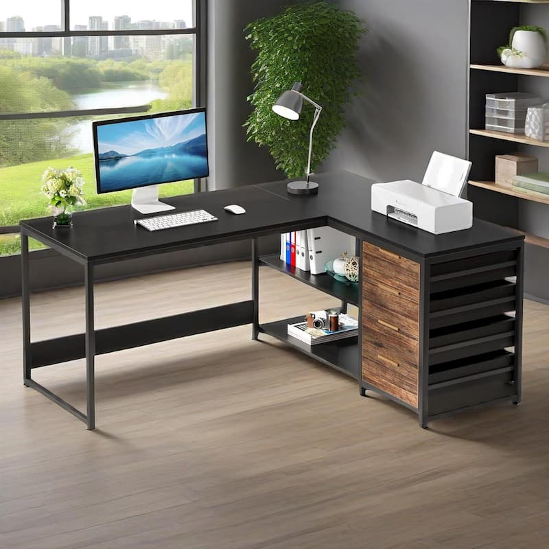 Reversible L-Shaped Computer Desk with Storage Drawers and Metal Frame for Home or Office Use