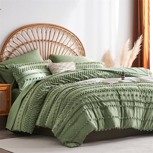 7 Pieces Tufted Boho Shabby Chic Comforter and Sheet Set - Green - King