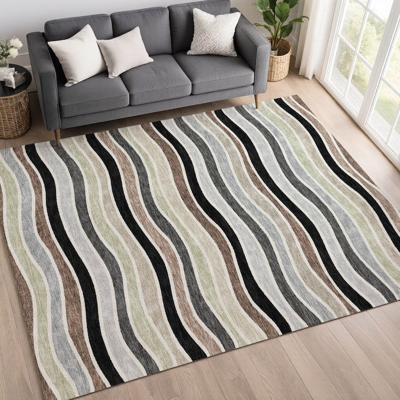 Machine Washable Indoor/ Outdoor Contemporary Stripe Chantille Rug
