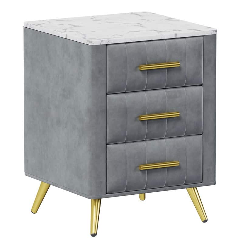 Upholstered Wooden Nightstand with 3 Drawers and Metal Legs&Handles