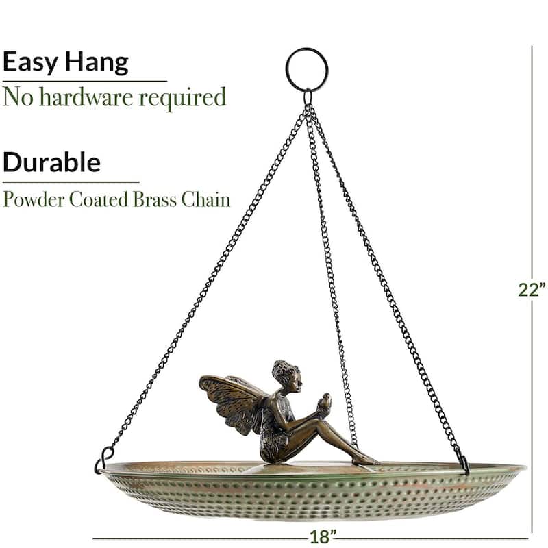 18" Hanging Blue Verde Copper Bird Bath with Fairy