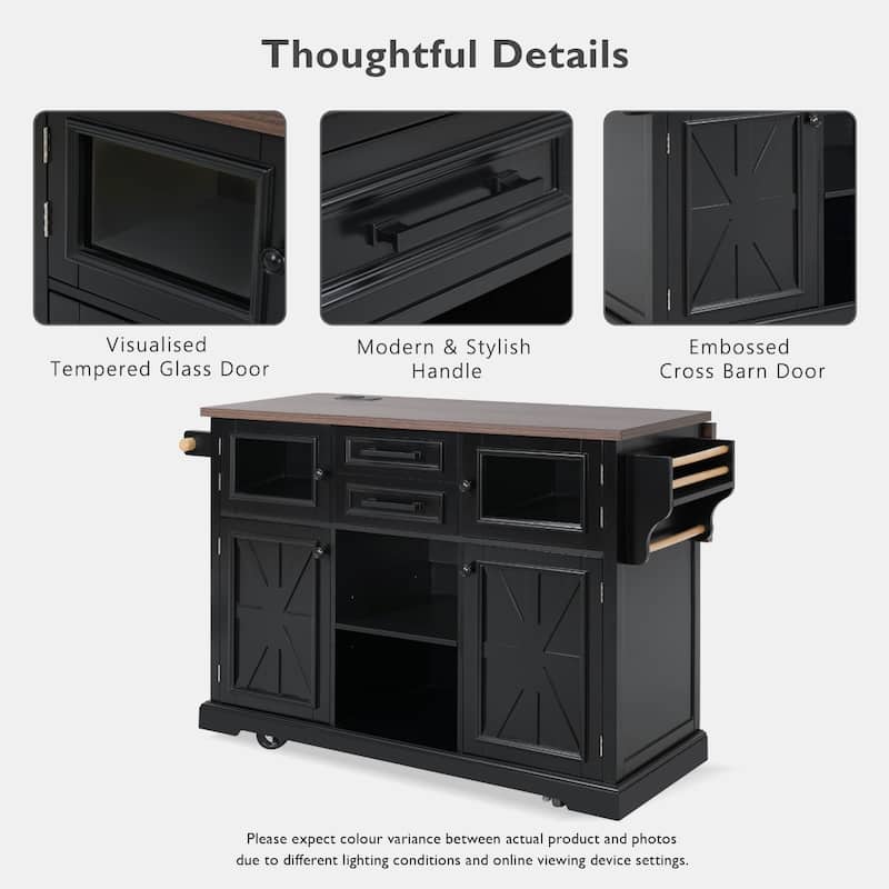 54.9"Kitchen Island with Drop Leaf, 4 Door Shelves, Cross Barn Doors & Visual Glass Door, Rolling Kitchen Island on 4 Wheels
