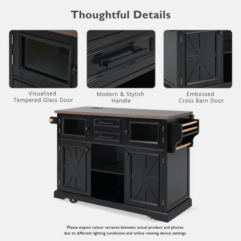 Cross Barn Door Kitchen Island, Rolling Wheels Pantry Storage Cart with Drop Leaf, Power Outlet and Glass Door for Dining Room