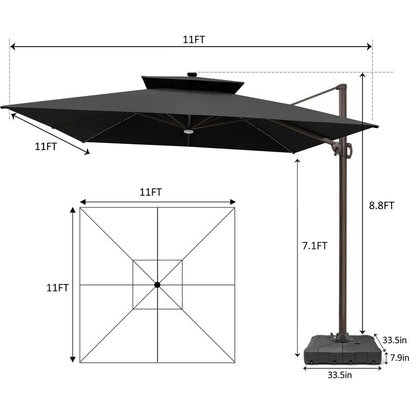 11 FT Square Outdoor Patio Cantilever Umbrella with Solar Lights Wheeled Base Double Canopy 360 Rotation Tilt