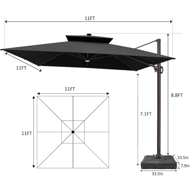 Pellebant 11X11 FT Outdoor Square Cantilever Patio Umbrella Solar LED Lighted with Wheel Base