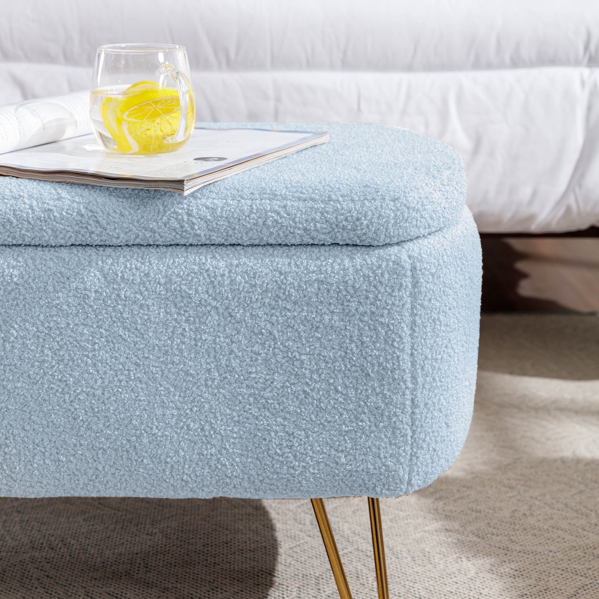 Blue Storage Ottoman Bench for End of Bed Gold Legs Modern Grey