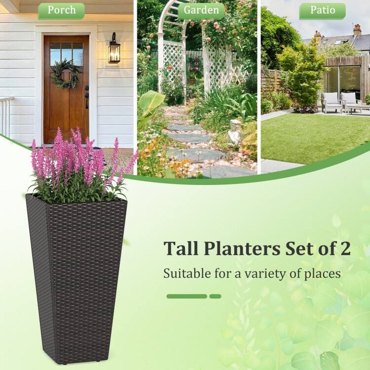 Mix Brown PE Rattan Metal Tall Planter Set of 2 with Drainage and Liner for Patio - 15" x 15" x 30" (L x W x H)