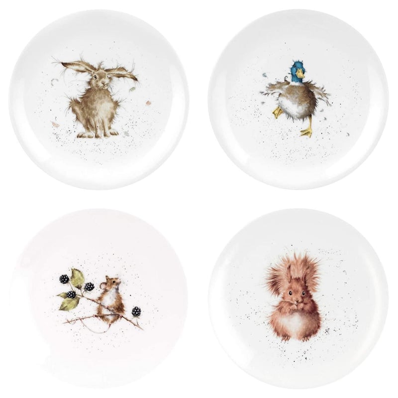 Royal Worcester Set of 4 Wrendale Designs Coupe Plates - 8 Inches - 8 Inches - Duck, Hare, Squirrel & Mouse