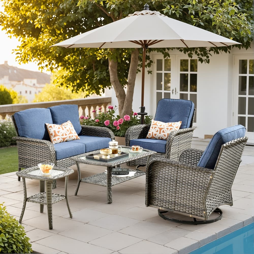 HOOOWOOO 5-piece Rattan Wicker Outdoor Furniture Patio Conversation Set with Swivel Chair