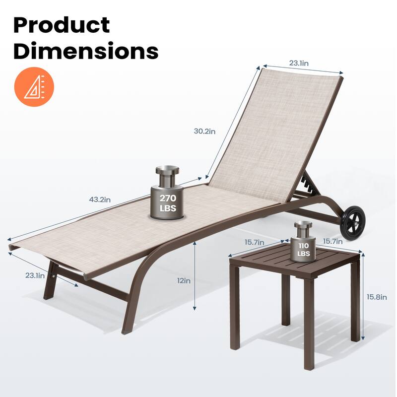 Pellebant Outdoor Patio Chaise Lounge Chairs Set with Side Table - Set of 3