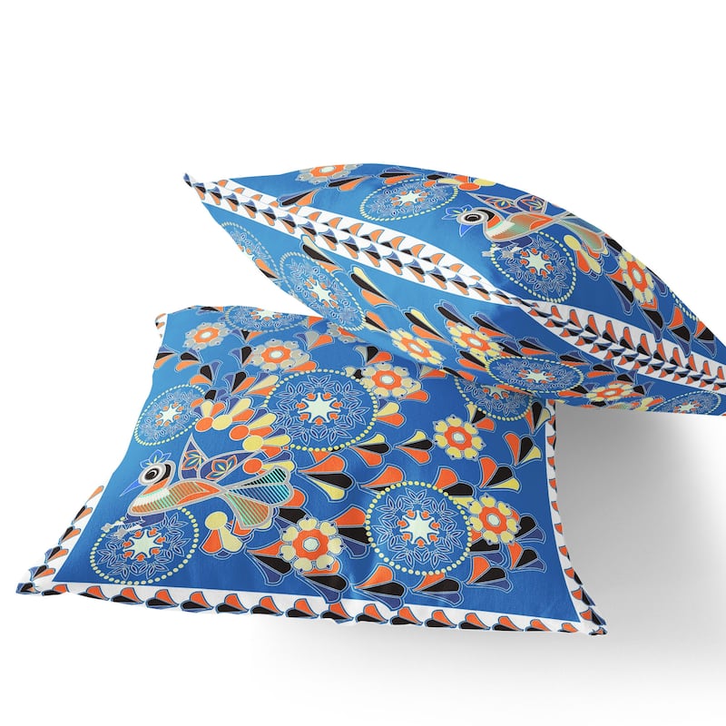 HomeRoots Set of Two 16" X 16" Blue and Orange Peacock Blown Seam Floral Indoor Outdoor Throw Pillow - 16.00' X '16.00' X '5.00