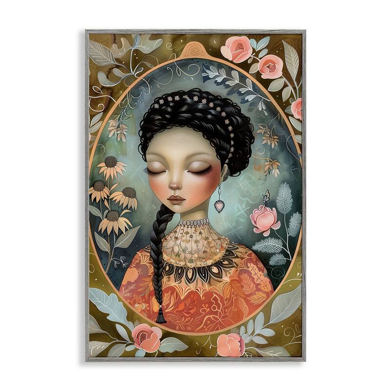 Stupell Floral Edged Portrait of Woman Framed Giclee Art Design By The Dutch Lady - 12 x 18 - Grey