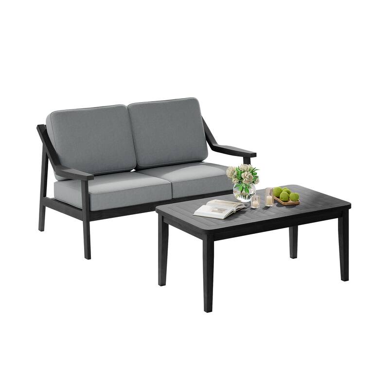 2-piece Brown/ Black Teak Cushioned Patio Loveseat Set with Coffee Table