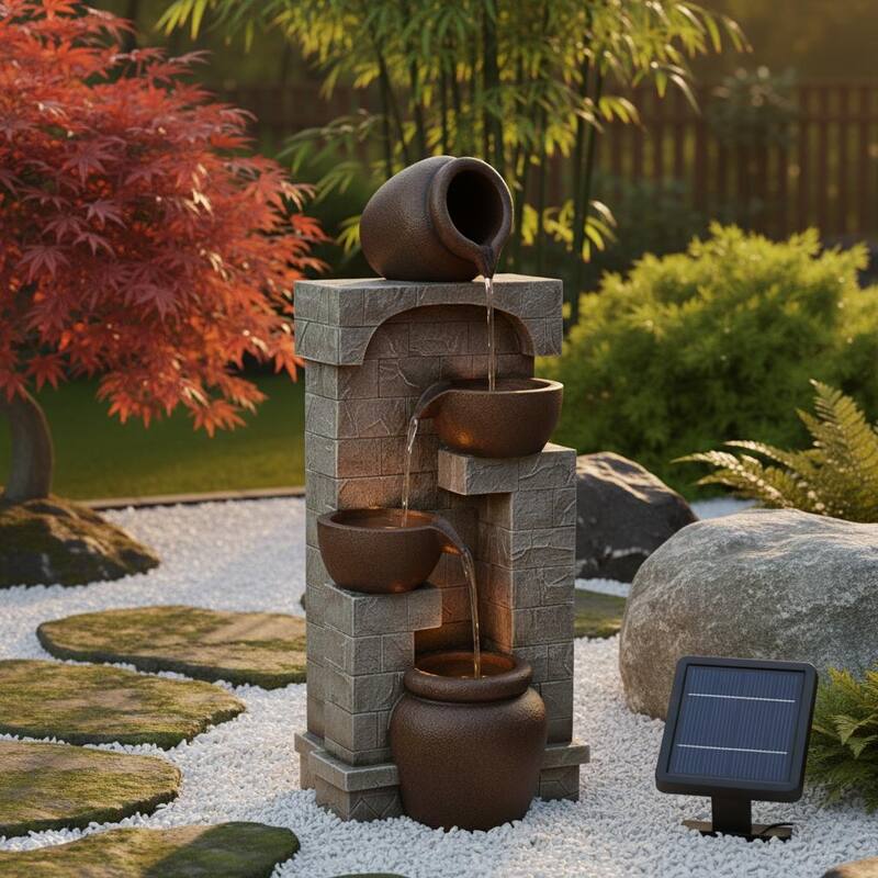 Teamson Home 4-Tier Bowl Solar Waterfall Fountain with Built-In LED Lights - 12"W x 10"L x 28"H