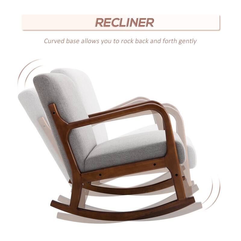Grey Linen Wood Rocking Chair with Cushioned Seat and Curved Base - 25.25" W x 33.75" D x 31.5" H