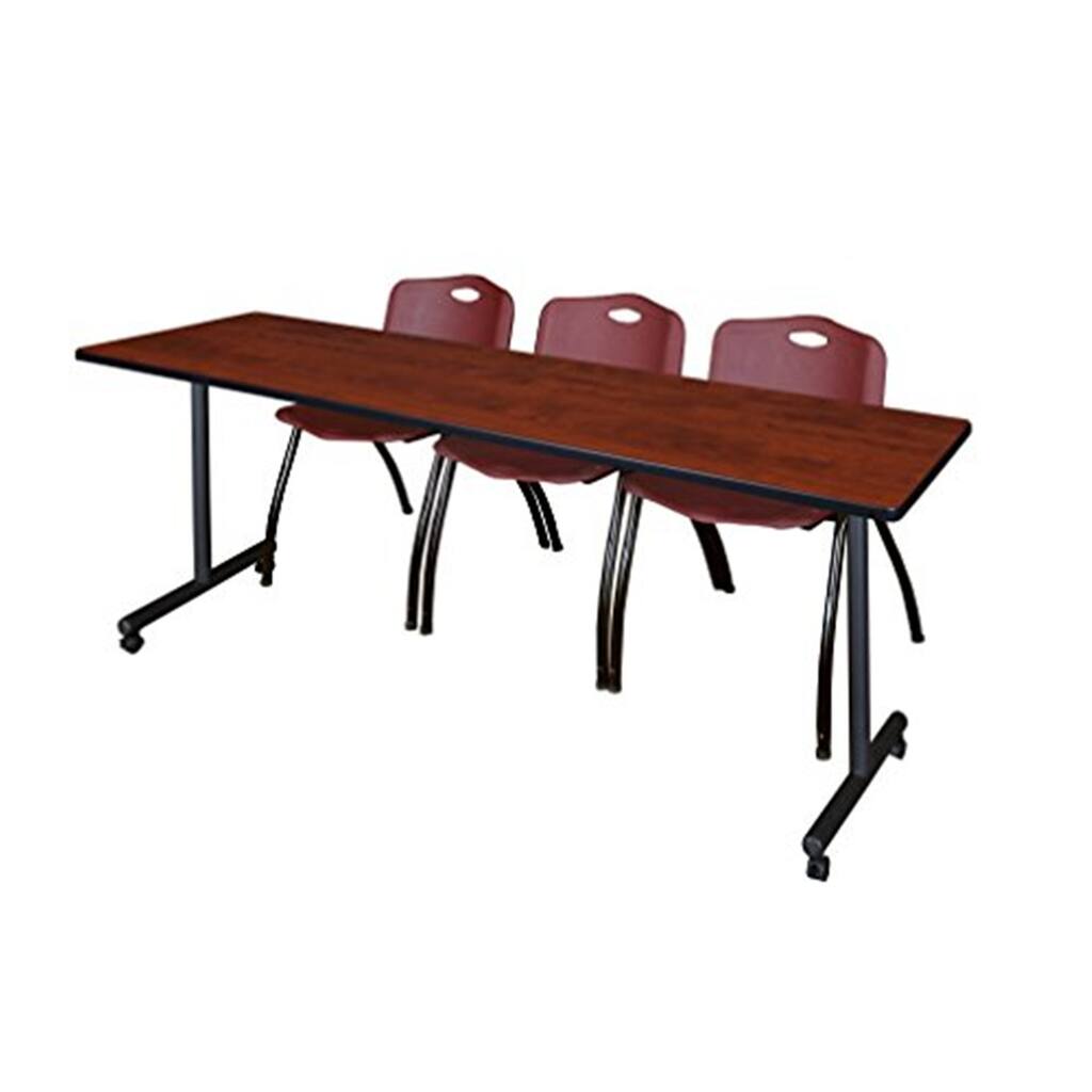 84" x 24" Mobile Training Table- Cherry & 3 'M' Stack Chairs- Burgundy