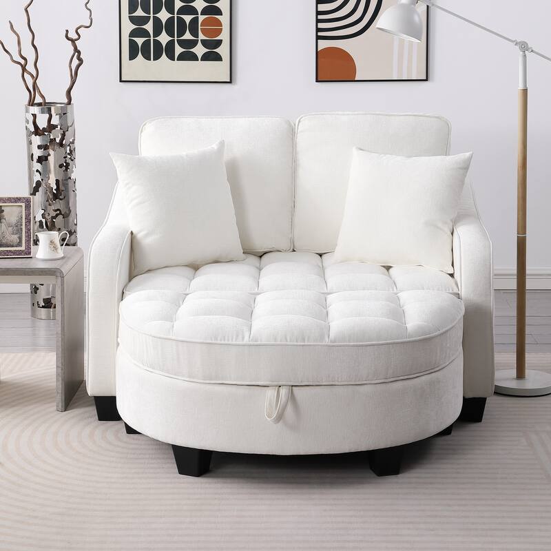Two-Seater Chaise Lounge with Storage Footrest and Pillows, Irregular Armrest Design