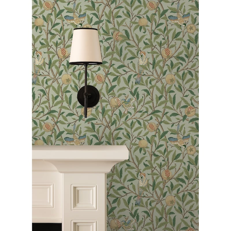 Bird and Pomegranate Bayleaf and Forest Peel and Stick Wallpaper
