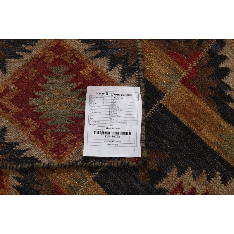Kilim Area Rug Flatweave Oriental Blue Wool Carpet - 7'11"x 9'9"