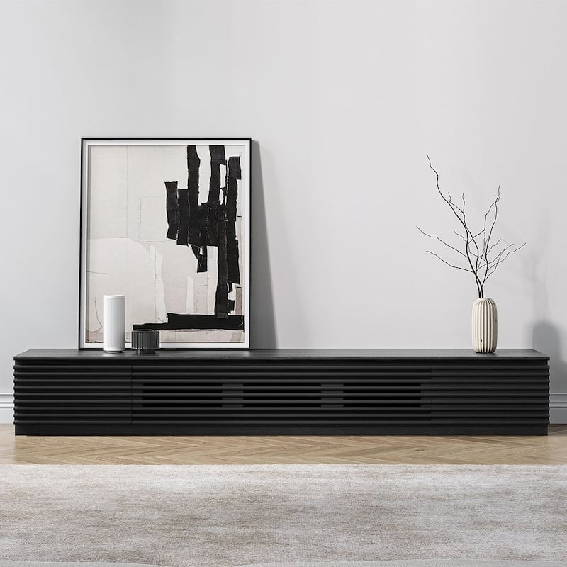 Minimalist TV Stand with Drawers，Solid Wood Media Console with Cabinets, Flip-down Door, Walnut Veneer, Fully-Assembled