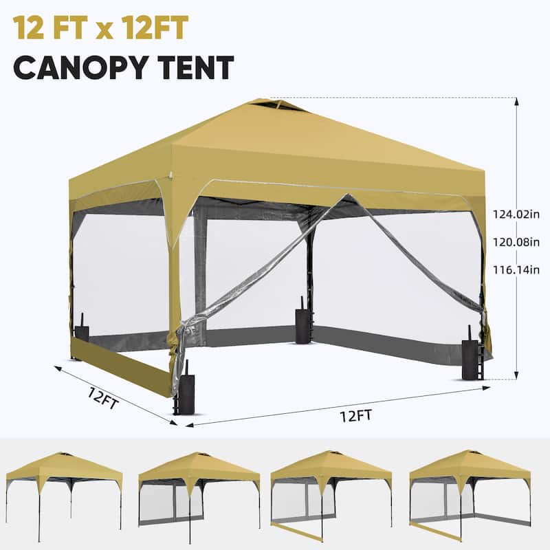 Ainfox 12x12FT Pop Up Canopy Tent with One Push Setup, Gazebo with 4 PVC Transparent Sidewalls