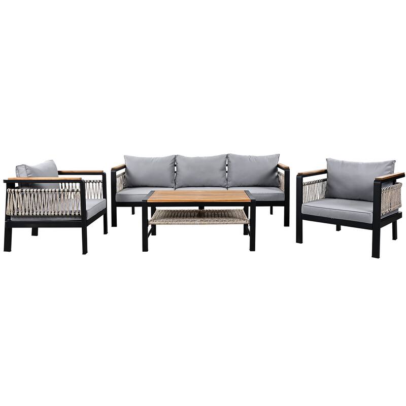 4-Piece Outdoor Rope-Woven Sofa Set with Acacia Wood Coffee Table, Cushioned Sectional Seating Group