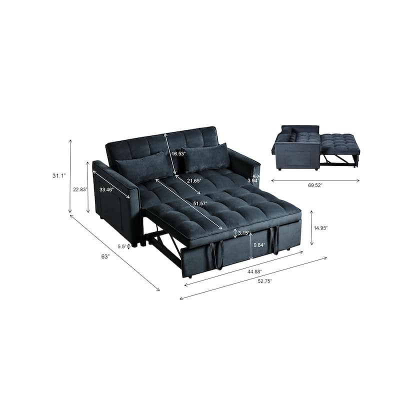 3 in 1 Convertible Sleeper Sofa Bed, Adjustable Backrest, Velvet Loveseat Futon with Pillows & Pockets