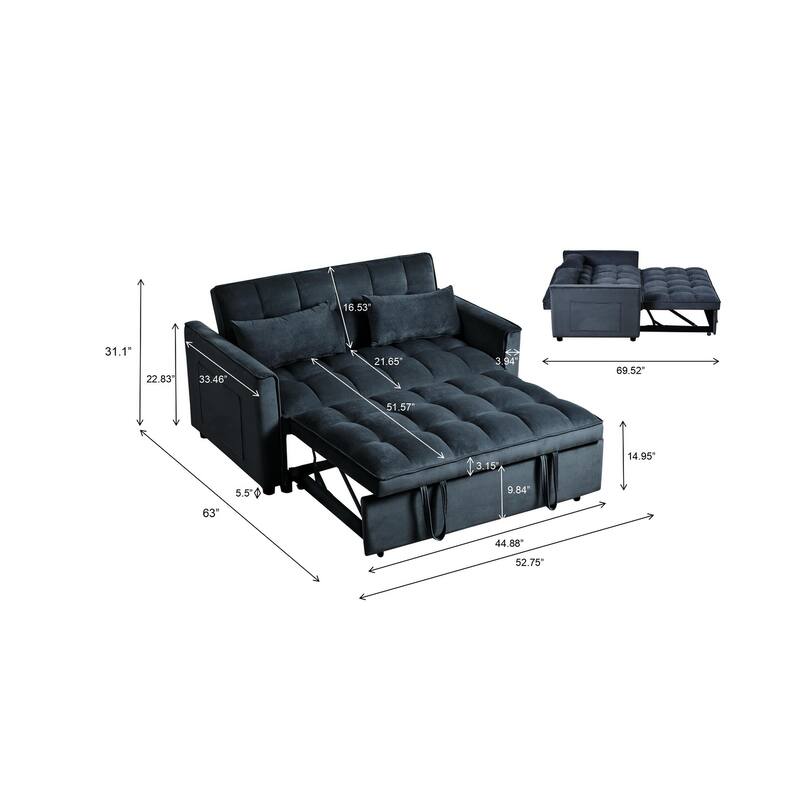 3 in 1 Convertible Sleeper Sofa Bed Pull Out Couch Adjustable Backrest Velvet Loveseat Futon Sofa with Pillows