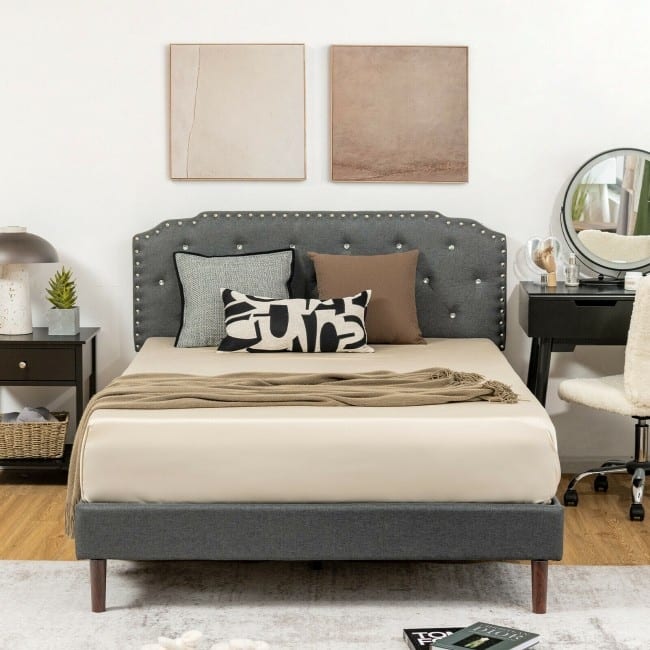 Upholstered Bed Frame with Adjustable Diamond Button Headboard