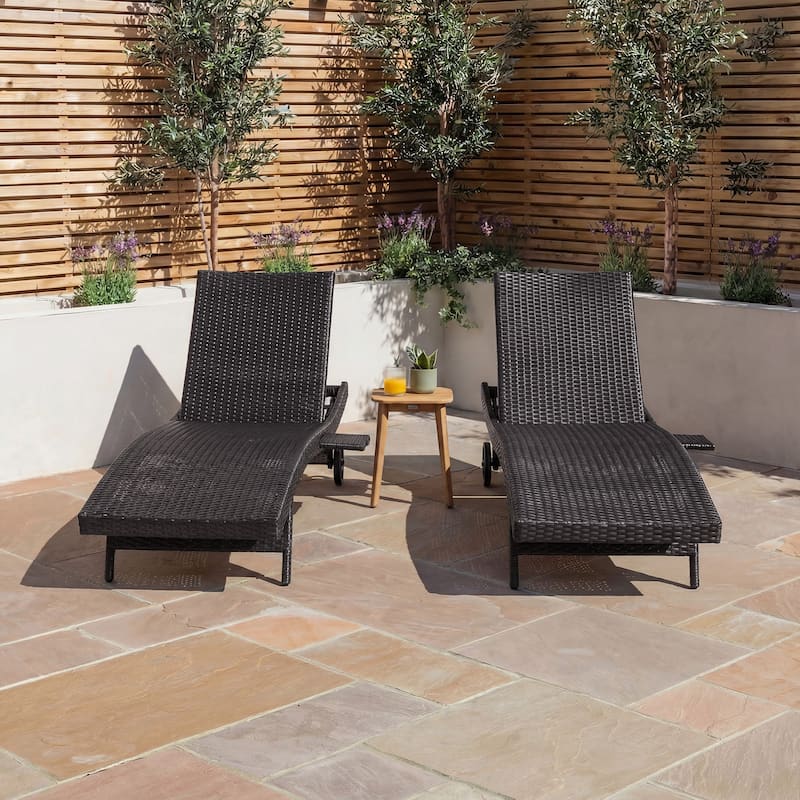 80"Patio Chaise Lounge Chairs Set of 2, Rattan Reclining Chair w/Rolling Wheels & Pull-out Side Table, Adjustable Backrest