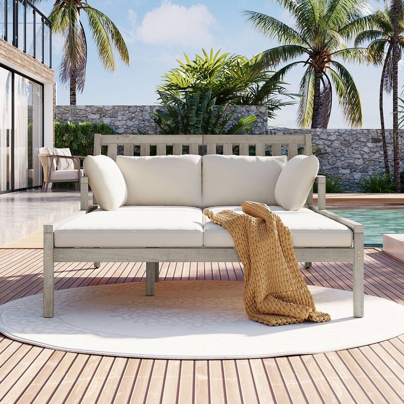 Outdoor Daybed Patio Double Chaise Lounge with Pillows, Wooden Sunlounger with Armrests