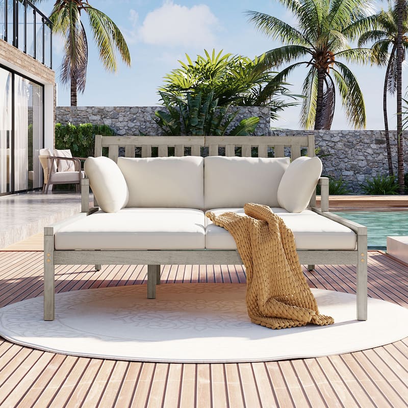 Outdoor Patio Wooden Daybed w/ 4 Pillows & Curved Armrests for Poolside Backyard Garden