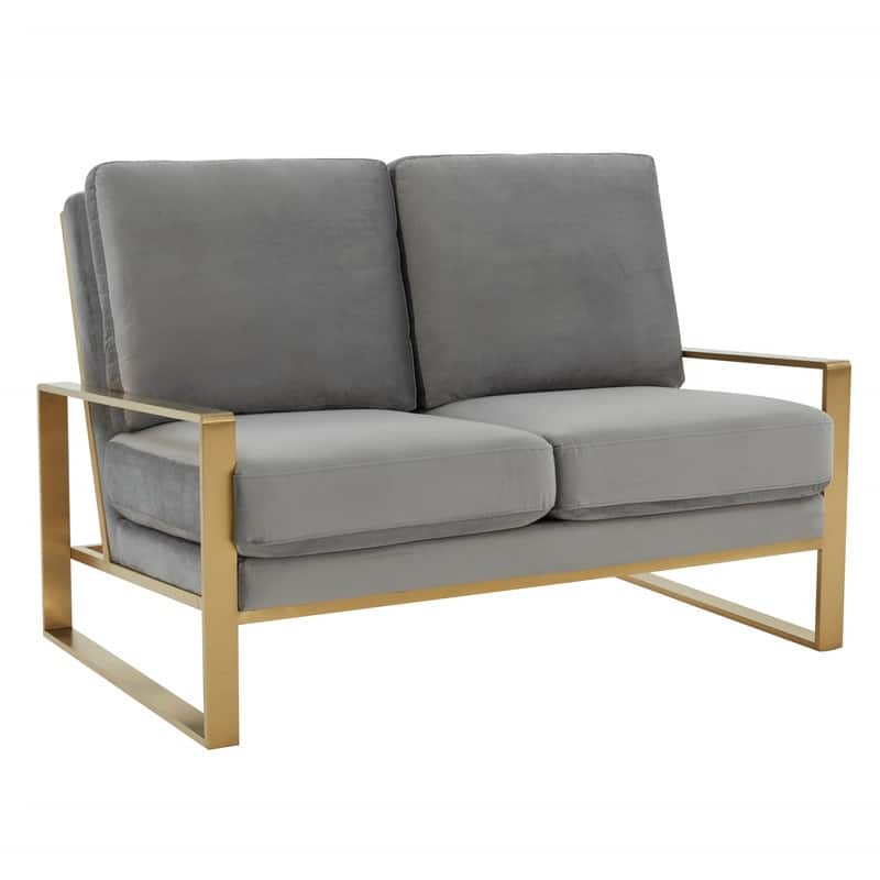 Jefferson Modern Two-Seater Velvet Loveseat with Brushed Gold Stainless Steel Base, Removable Cushions for Living Room or Lounge - Light Grey
