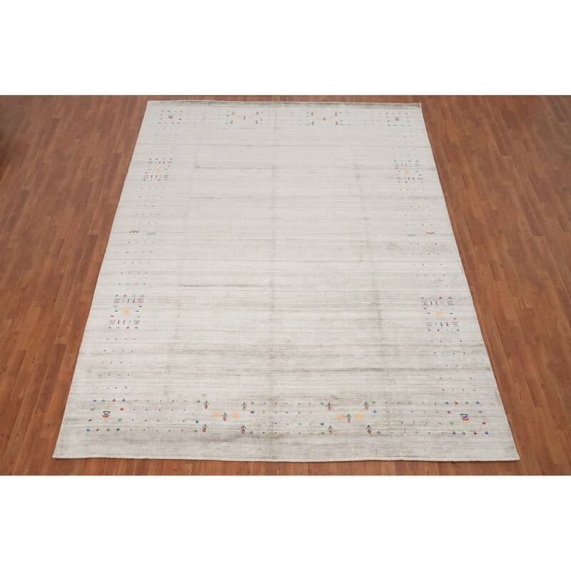 Hand Knotted Oriental Viscose Silk Carpet Tribal Animal Pictorial Beige & Ivories Gabbeh Area Rug - 11' 9'' X 8' 10''