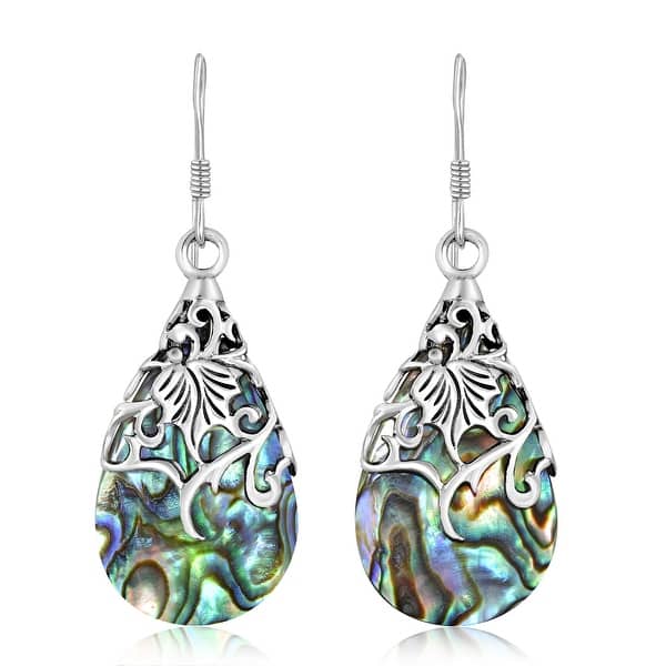 slide 1 of 19, Handmade Floral Vine Ornate Teardrop Natural Shell and Stone .925 Silver Earrings (Thailand)