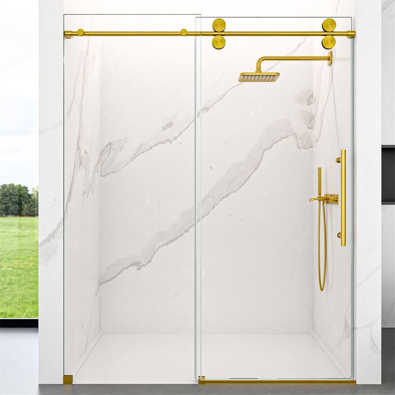 Frameless Clear Tempered Glass Single Sliding Shower Door w/ 5/16" Thick - Brushed Gold