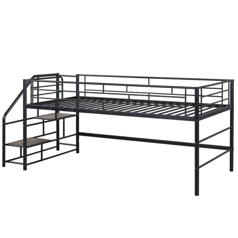 Twin Metal Mid Loft Bed with Storage Stairs